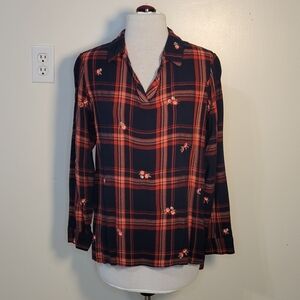 Christopher & Banks (Women's M) Plaid Floral Long Sleeve Collared V-neck Shirt